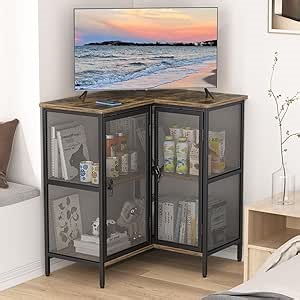 VECELO Corner TV Stand for 36 Inch, 3 Tier Cabinet with Storage Shelves & Doors, Corner Entertainment Center TV Console for Living Room, Bedroom, Compact Space, Brown
