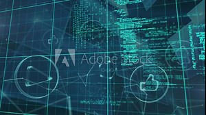 Animation of icons and data processing over black background