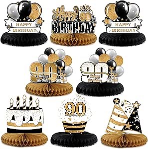 LINGTEER Happy 90th Birthday Black & Gold Paper Table Topper Centerpieces Set - 8 Pcs Cake Star Balloon Ninety Years Old Birthday 90th Bday Party Gift Decorations Sign.