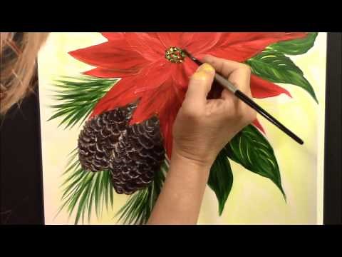 How to paint easy Poinsettia and Pine Cones ~ Acrylic ~ Painting with Wendy