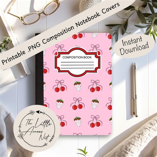 Cherry Bow Strawberry Printable Notebook Cover | Pink | DIY Custom Composition Journal | PNG Digital Download - Etsy Canada