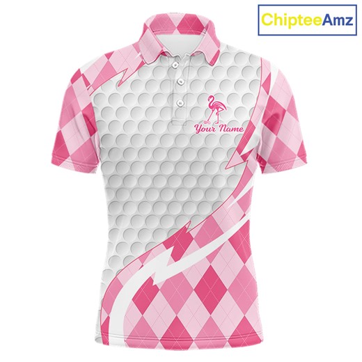 Pink Argyle Plaid Pattern Funny Flamingo Golf Wine Mens Golf Polos Shirt Custom Funny Golf Shirt For Ladies NHT738