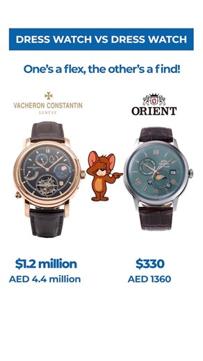 MonaWatch | UAE’s Premiere Online Watch Store on Instagram: "Vacheron Constantin ref. 80250 ($1.2 Million / AED 4.4 Million) 🆚 Orient RA-AK0805E ($330 / AED 1,200) Both ooze timeless elegance, but only one won’t break the bank 💸. The Orient RA-AK0805E proves you can look refined without spending a fortune. Would you choose Swiss haute horlogerie or Japanese craftsmanship? 👇 #VacheronConstantin #OrientWatches #DressWatch #AffordableLuxury #MensStyle #WatchLovers #LuxuryVsValue"