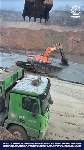 Amphibious Excavator Machine Work to Navigate and Dredge Waterlogged Terrain