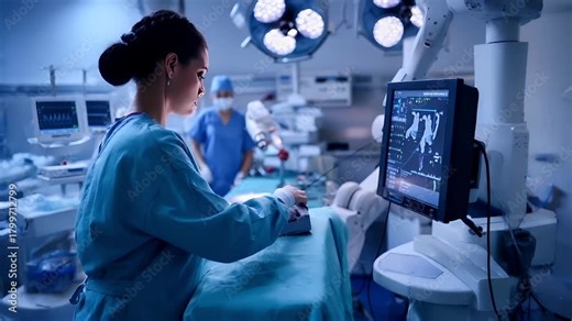 A medical professional in a sterile operating room is intently focused on a patient using a medical device. The patient is dressed in blue scrubs, and the room is equipped with medical equipment.