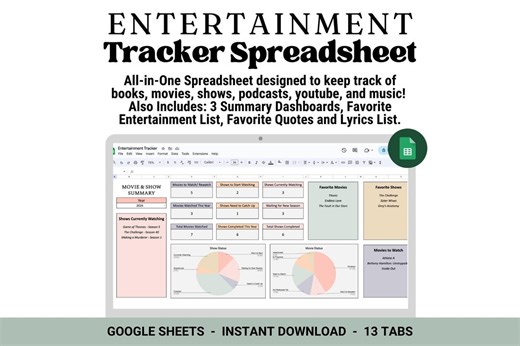 Entertainment Tracker Spreadsheet: Movie, Show, Book, Music, Google Sheets (instant Digital Download) - Etsy