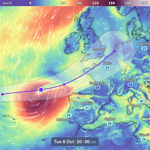 1M views · 1.7K reactions | When #Kirk reaches Europe it will no longer be a hurricane, but the storm could still bring strong winds to parts of Spain, Portugal, France, Belgium, and the UK next week. This map shows the latest ICON wind gusts forecast plus the latest forecast path from the NHC: | Zoom Earth | Facebook