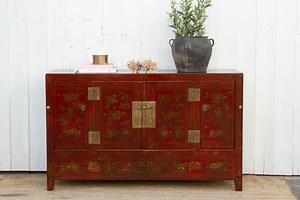 Painted Chinese Floral Credenza: Elegant Red Elm Sideboard - Etsy