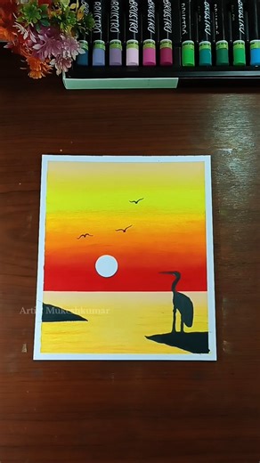 ✨Easy heron painting l sunset landscape with oil pastel art #shorts #sunset #shortsfeed #ytshorts