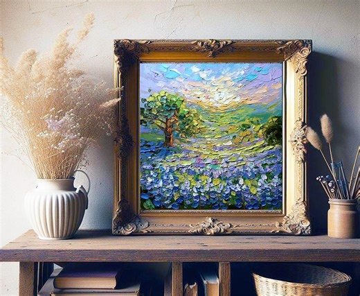 Bluebonnets Painting Texas Original Art Impasto Oil Artwork Oak Tree Landscape - Etsy