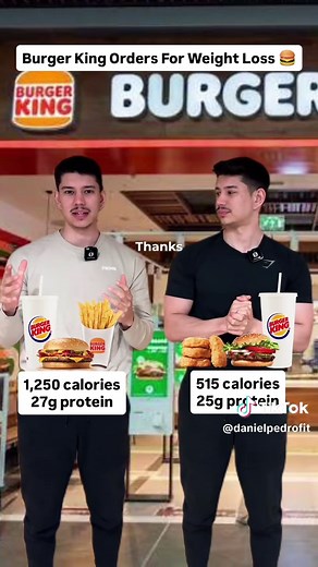 Lower calorie, high protein Burger King orders to help you stick to your calorie deficit while still being able to eat out 🔥 You should always prioritize home cooked meals, but if you do need to grab a meal out, here are some better options👇🏻 Option 1 - 550 cals, 33g protein: - Double cheeseburger (add lettuce, tomatoes, onions) - 4 piece chicken fries (marinara dip) - Diet soda Option 2 - 615 cals, 35g protein: - Regular hamburger (add lettuce, tomatoes, onions) - 8 piece chicken nuggets (bb