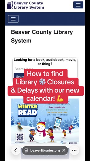 Find out who is open/closed and which programs will be postponed on our new 🗓️ Library Calendar software! #beavercountyreads #snow #snowday #beavercountypa