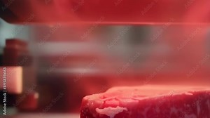 A robotic machine cooks a steak under intense heat in a modern kitchen. The thick cut of red meat sears to perfection. The automated process signifies advanced technology in culinary arts.