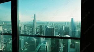 Soft morning light bathes a high-rise view, blending interior shadows with the city's awakening glow. Reflective surfaces capture the urban expanse.