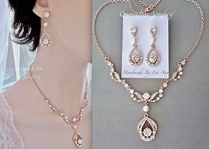 Rose Gold Jewelry SET for a Bride Bridesmaids Gift Pearl and Crystal Necklace AND Earrings Statement Bridal Jewelry Set Gift for Her. EMI - Etsy