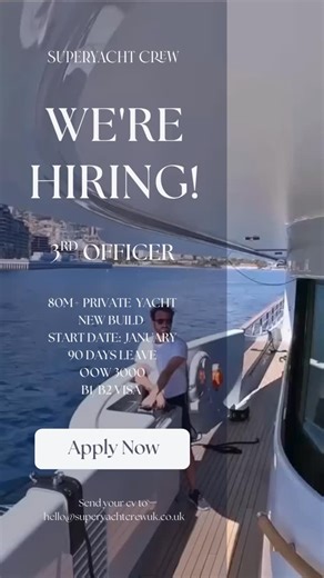 Join an 80m private yacht as 3rd Officer this January. The opportunity to work with an ego-free crew, incredible owners, and a role that could turn permanent. If you’re a confident OOW who thrives in a positive onboard culture, this could be your next step. ⚓✨ 🛥️ Private Yacht 🛥️ 80M 🛥️ New build 🛥️ 90 Days Leave If you would like to be considered for this incredible opportunity, please visit our website to register and apply. Alternatively, you can visit our bio Disclaimer: This position do