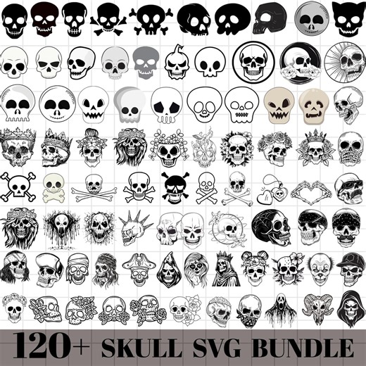 120  Skull SVG Bundle for Cricut, Halloween Skeleton Vector Silhouette, Gothic Clipart, Digital Design - Etsy