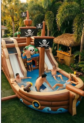 This inflatable pirate ship pool just turned a backyard into a full pirate water park 😭🏴‍☠️💦 Summer adventures unlocked.