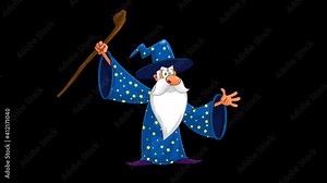 Wizard Cartoon Character With A Cane Making Magic. 4K Animation Video Motion Graphics On Black Screen Background Stock Video