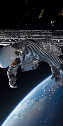 This behind-the-scenes clip reveals how spacewalk scenes are filmed without zero gravity. The actor is suspended horizontally inside a green studio using visible harness wires while crew members rotate the rig slowly with pulleys. The camera floats gently to simulate weightlessness but occasionally bumps as the operator adjusts position. The actor’s breathing is loud inside the helmet, adding realism. No background sound is present except harness creaks and quiet direction cues. In post-producti