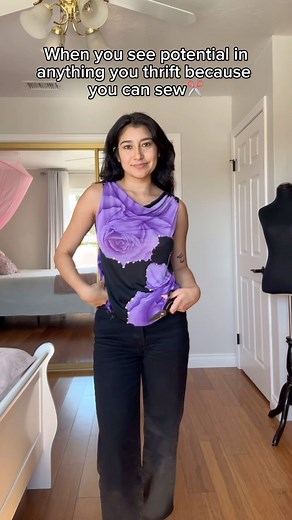 Tracy Garcia on Instagram: "Love how the final top turned out💜 #thrifted #thriftflip #beforeandafter #sustainabledesigner #designer #sewingtipsandtricks #sewinglove #offtheshoulder #diytop #blousedesigns #upcycled #recycleclothes"