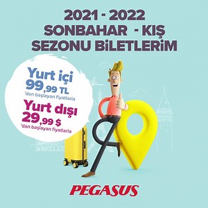 2021 - 2022 sonbahar kış sezonu biletlerim şimdi tüm kanallarımda satışta! 31 Ekim 2021 - 26 Mart 2022 tarihleri arasındaki yurt içi uçuşlarım 99,99 TL’den, yurt dışı uçuşlarım 29,99 $’dan başlayan fiyatlar ve cezasız değişiklik hakkıyla flypgs.com ve Pegasus mobil uygulamamda seni bekliyor! ✈️ 🗓 Son gün: 31 Ocak! Detaylı bilgi için: http://flyp.gs/2021-2022_sonbahar-kis | Pegasus Hava Yolları