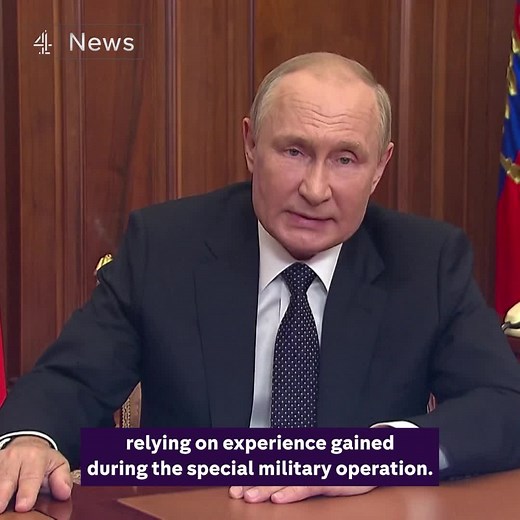"This is not a bluff." Vladimir Putin orders Russia’s first military mobilisation since World War Two and says Russia, which is one of the largest nuclear powers, would use "all the means at [its] disposal" if its territory were threatened. | Channel 4 News