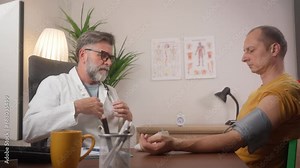 Male doctor measuring high low blood pressure of male patient in hospital. Cardiologist examining man hypertension sufferer using medical tonometer. Seniors cardiology healthcare concept