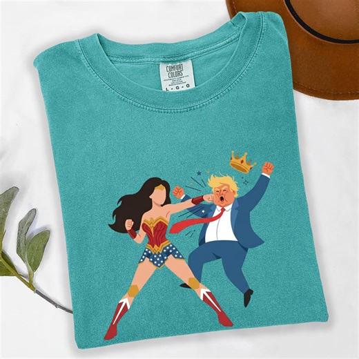 Wonder Woman Punching Politician Tshirt, Superhero Satire Tee, Anti Trump Comic Style Design Patriotic Woman Political Parody Art - Etsy