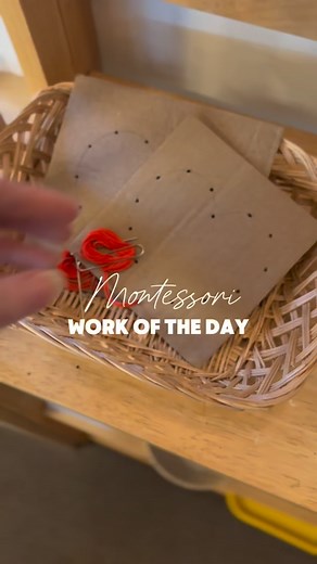 Montessori Work of the Day 🧵🪡 Today I batched about ten of these little cardboard hearts and placed them in a basket on our art shelf. A simple 5x5 inch square of cardboard, a quick heart outline, and pre poked guide holes make the perfect sewing work. The embroidery needle keeps little fingers safe and the sturdy cardboard helps them stay on track. (it's also a great way to repurpose those Amazon boxes you've been hoarding. 😉 This one builds pincer grip, confidence, and the sweetest little a