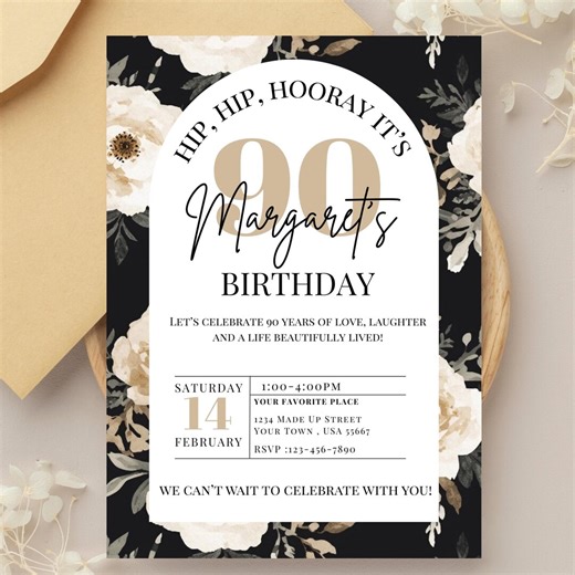 90th Birthday Invitation | Birthday Brunch Invitation | Elegant 90th Birthday Party Invite | Editable Canva Digital Invitation - Etsy