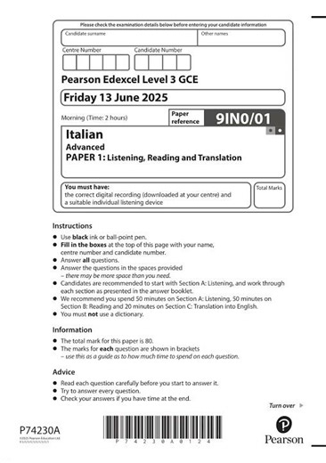 2025 Pearson EDEXCEL A Level Italian Paper 1 9in0 01 Listening Reading And TranslATIon