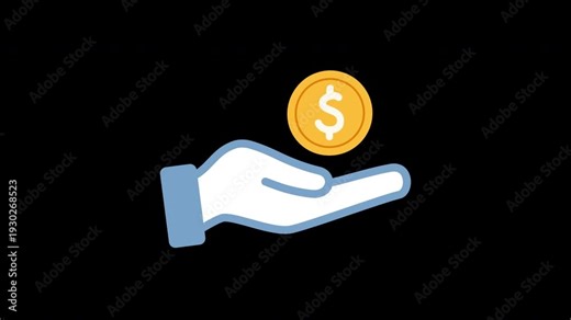 Animated hand icon holding a dollar coin. Animation of a customer paying for a product. Cash usage. Financial management