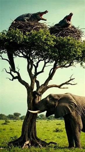 Two crocodiles climb a tree to build a nest and are attacked by an African elephant. #naturalwildlife #crocodile #elephant | Natural Wildlife