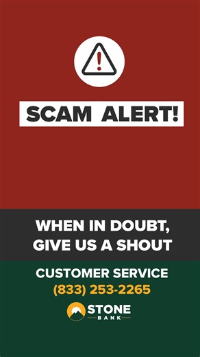 ‼️ SCAM Alert ‼️ (January 26, 2026) | At Stone Bank, your security is one of our top priorities. A new scam has emerged, and we want to be informed and remain safe. To learn more about the current scam, listen to the fraudulent recording, and guard yourself against scammers, visit https://www.stonebank.com/scam-alert-012626/ Remember - If you're ever in doubt, give us a shout! These calls can sound VERY convincing, and we're happy to check if they're "real." We may not be the bank on every corne