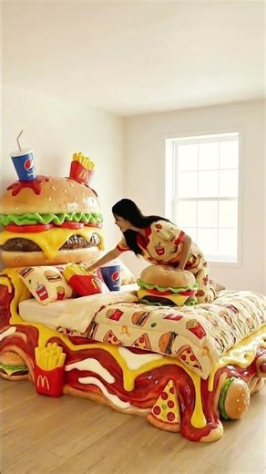 🔴 I Slept on a GIANT Real Hamburger Bed! 🍔🧀 ASMR #shorts #asmr #satisfying #foodbed #sleep