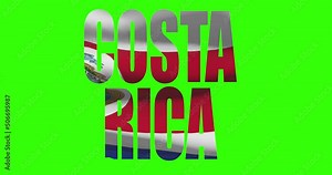 Costa Rica country lettering word text with flag waving animation on green screen 4K. Chroma key background