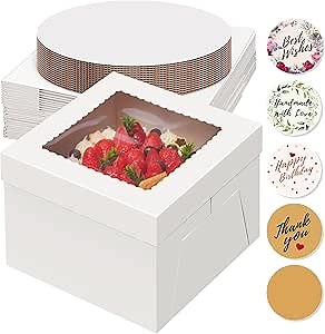 Kootek 15 Sets Cake Boxes with Cake Boards, 10x10x8 Inch White Tall Cardboard Containers for Multi-Layer Desserts, Perfect for Decorating, Mother's Day & Bakery Use