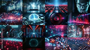 Abstract AI-generated background with digital shapes, futuristic elements and patterns. Concept of future technologies and artificial intelligence.