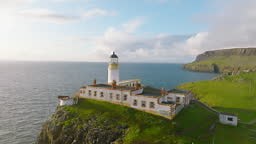 Drone View Of Neist Point Lighthouse Isle Of Skye Scotland - 4K stock video
