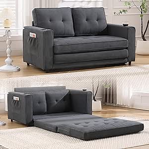 Merax Futon Sofa Bed, 3 in 1 Convertible Loveseat Sleeper with Pull Out Bed, Foldable Tufted Sofa Bed Couch W/Cup Holder and Side Pockets, for Living Room, Bedroom, Office, Dark Gray
