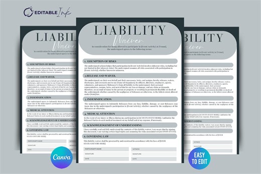 Liability Waiver Form Template, Canva Design (digital Download) - Etsy UK
