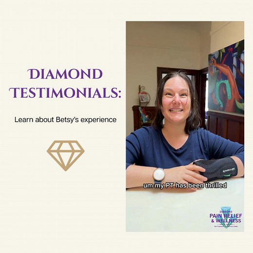 Violinist & Baker, Betsy, was referred to Diamond Pain Relief & Wellness Center and shares her positive experience. She came to us with a repetitive stress injury in her arm, and her recovery has been both fast and highly effective. Betsy appreciates the personalized care, clear communication, and expertise of our long-time therapist, James, who has been providing therapy at Diamond since 1998. At Diamond, clients are accepted by referral or invitation to our Precise Private Practice®, ensuring 