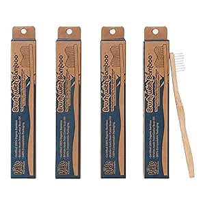 Brush with Bamboo Toothbrush with Plant-Based Bristles, Organic Bamboo, BPA-Free, Eco-Friendly, 100% Biobased, Soft Bristles, Zero Waste, Dental Care Product - 4 Pack