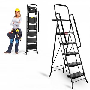 Jocauto 5 Step Ladder with Tool Tray and Handrails, Portable Steel Folding Stool with Wide Anti-Slip Pedal, Tool Platform, Sturdy Steel Ladder, Black