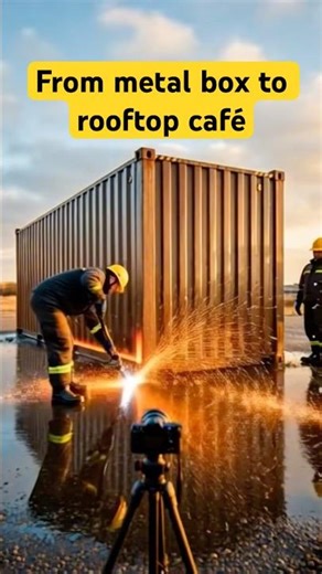 We turned a rusty shipping container into a rooftop café ☕🔥Would you hang out here?