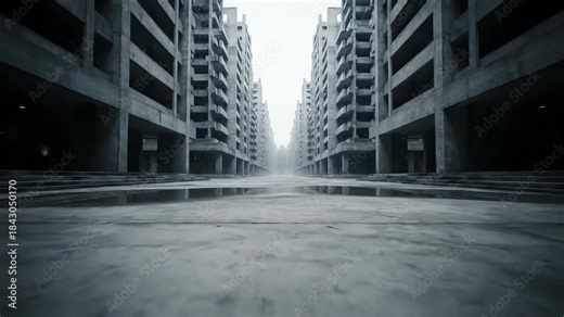 Atmospheric journey through an abandoned dystopian city with endless concrete structures