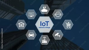 Intelligent Smart building internet of things icon, energy saving, Making steel frame and construction building. Low view. 4k animation.