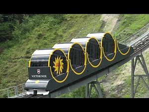 The steepest funicular in the world, in Switzerland, at Stoos.