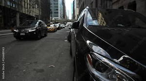 New York City Manhattan street view with busy traffic of taxis cars